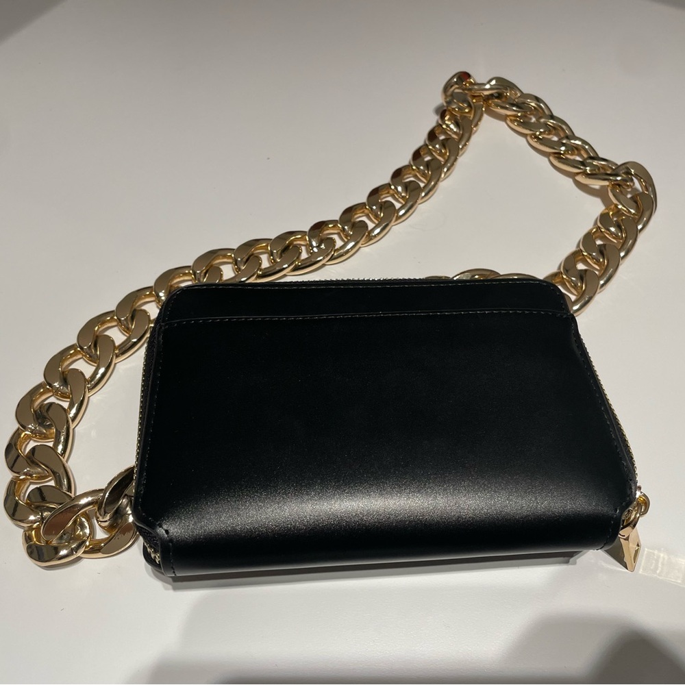 Anthropologie, Cross Body Black Bag w/ Thick Gold Chain